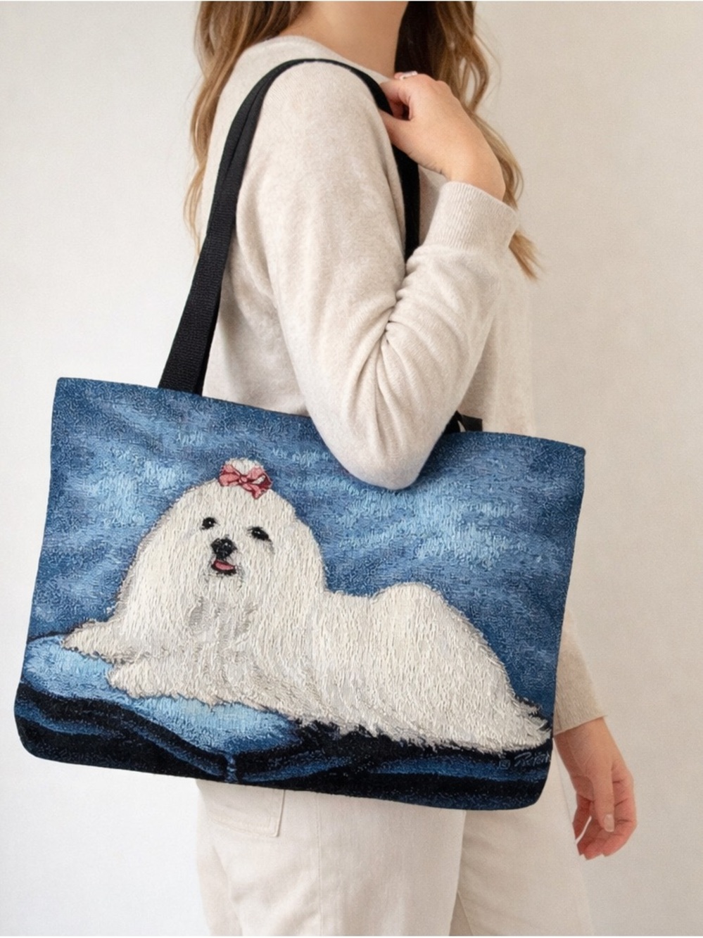 Linda Picken Maltese Dog Tapestry Tote Large Blue Shoulder Bag 17x12 EUC